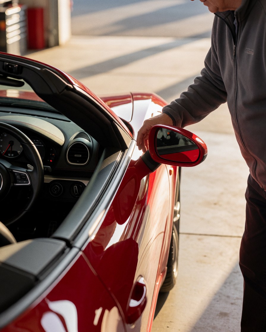 A satisfied client adjusts the side mirror of a red sports car inside a service garage with sunset lighting visible through the open door.