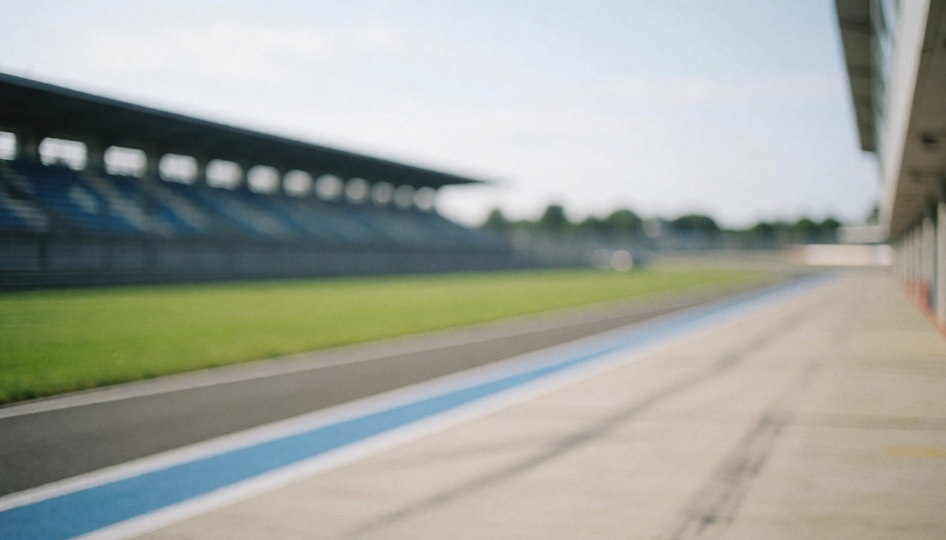 Blurred race track background with green grass, empty grandstands, and blue lines, ideal for text overlays and business announcements.