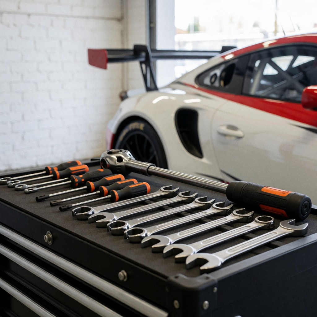 Black toolbox containing wrenches and screwdrivers with a white and red GT3 sports car visible in the background against a white brick wall.