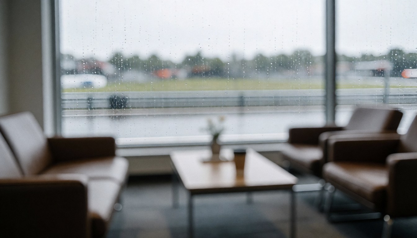 Brown sofas and coffee table in a waiting room with a window overlooking a race track in the rain