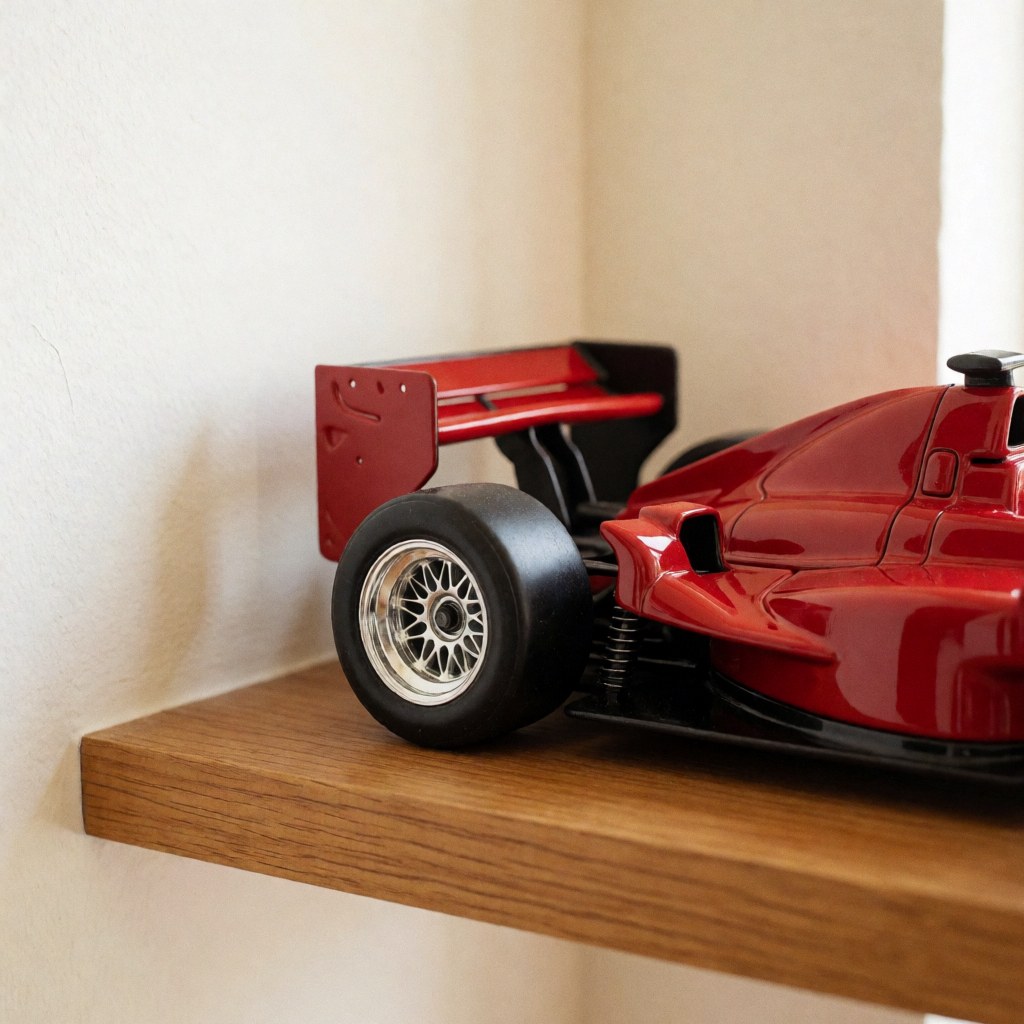 Red race car model with visible suspension details and rear wing resting on a wooden shelf in soft natural light