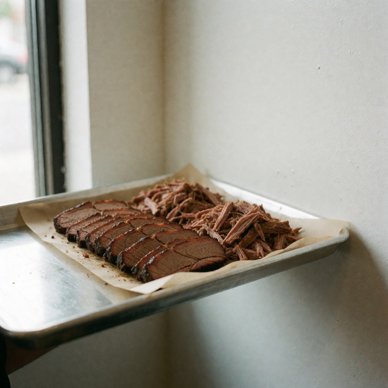 Platter of grilled and shredded meat on parchment paper in a metal tray near a window with soft natural light