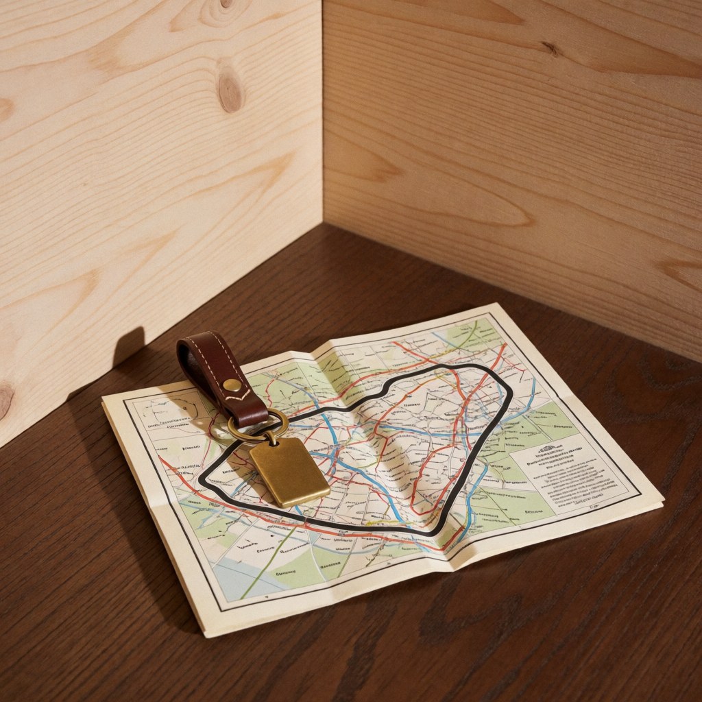 Bronze car key with leather strap on folded circuit map over dark wood surface with light wood walls