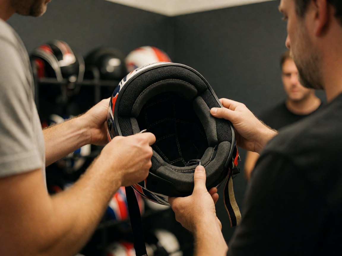 Close-up of hands adjusting the interior lining of a racing helmet with visible stitching and a background of helmets on a shelf.