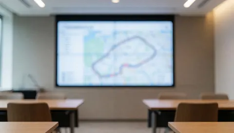 Modern meeting room with wooden tables and chairs featuring a large screen displaying a blue and white race circuit map for professional planning.