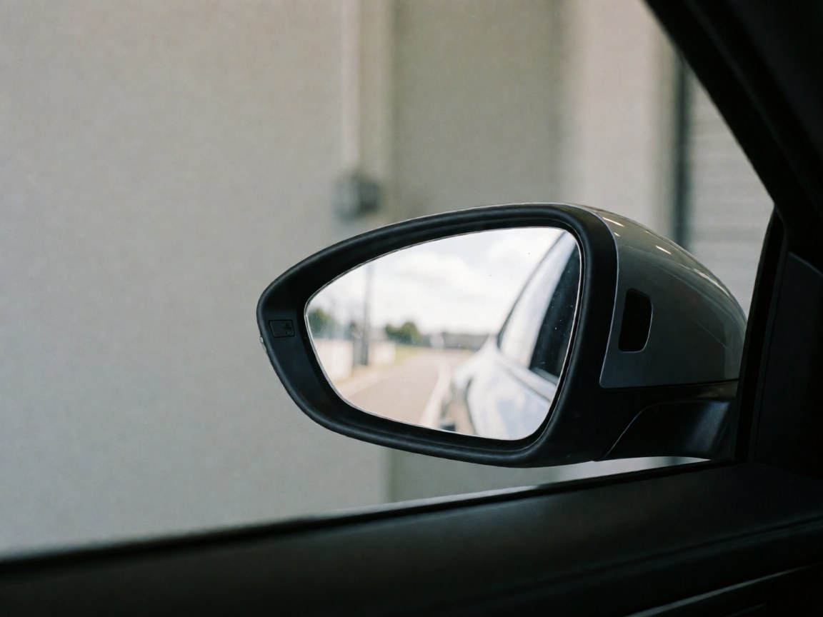 Close-up of a car side mirror reflecting a road, sky, and background walls in a clean realistic image