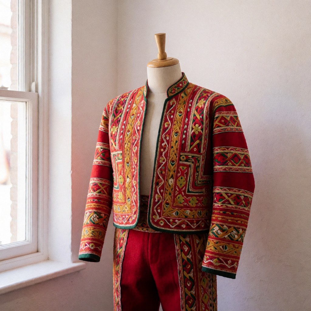 Traditional Peruvian huayno suit with red and gold embroidery displayed on a mannequin near a window with natural light against a white wall.