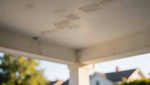Close-up of a roof damaged by moisture with visible stains on a white wall, illuminated by warm sunset light, suitable for roofing repair services
