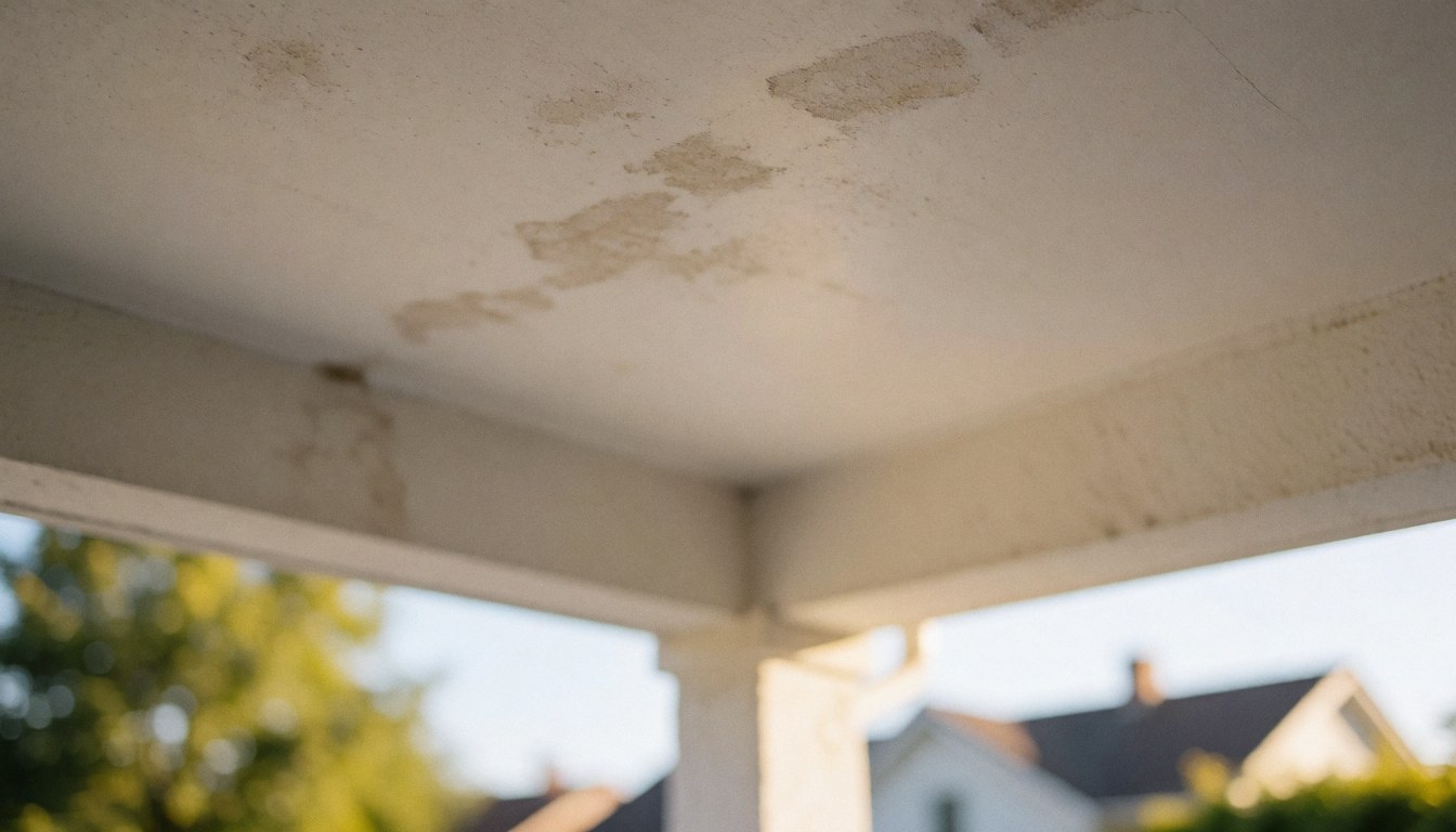 Close-up of a roof damaged by moisture with visible stains on a white wall, illuminated by warm sunset light, suitable for roofing repair services