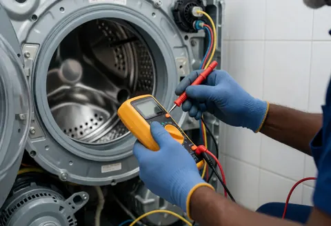 Technician testing electricity in a disassembled washing machine with visible motor and belt against white tiled walls