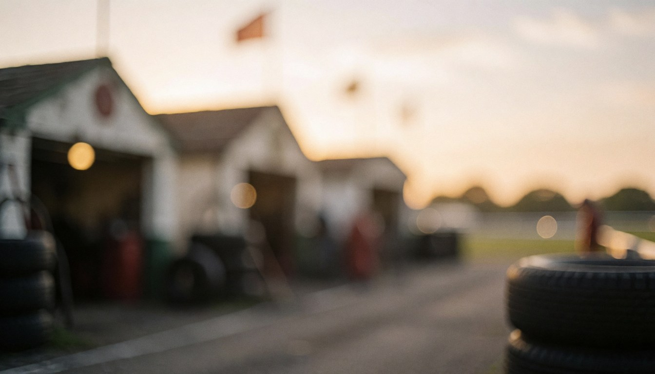 Stacked tires in a blurred motorsport pit lane with garages and golden hour light, ideal for business text backgrounds