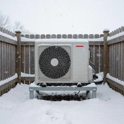 Outdoor heating condenser unit installed on a metal platform in a snowy yard, surrounded by a wooden fence under diffuse winter light.