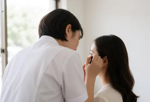 Professional makeup artist applying eyeliner to a bride's eye from behind in a bright studio with white walls