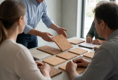 Cork flooring installer presenting material samples to seated clients at a table for consultation