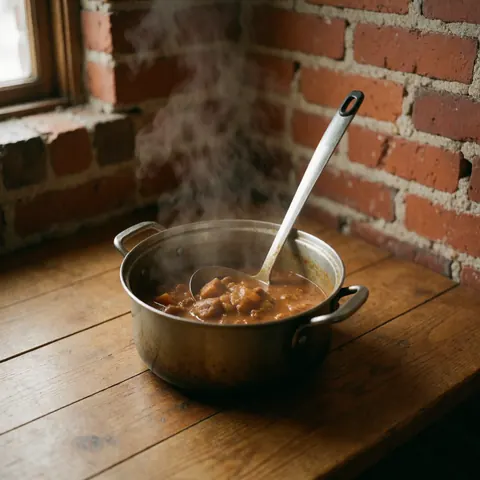 Metal pot with hot stew and spoon on wooden table near red brick wall with rising steam