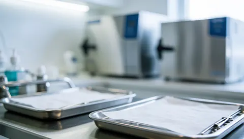 Blurred background of a sterilization room featuring metal trays and autoclaves with bright lighting, suitable for hygiene protocol text overlays