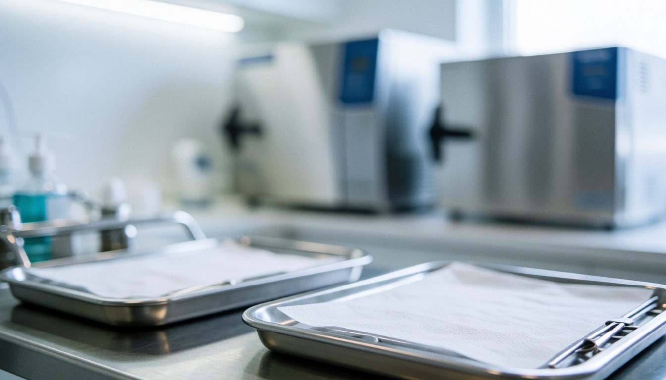 Blurred background of a sterilization room featuring metal trays and autoclaves with bright lighting, suitable for hygiene protocol text overlays