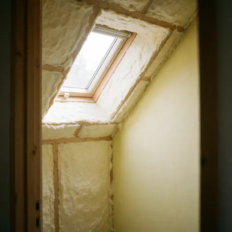 White insulation installed between wooden ceiling beams in an attic with light yellow walls and natural light from a window.