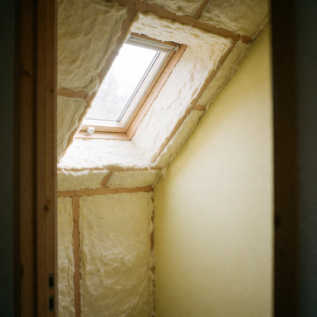 White insulation installed between wooden ceiling beams in an attic with light yellow walls and natural light from a window.