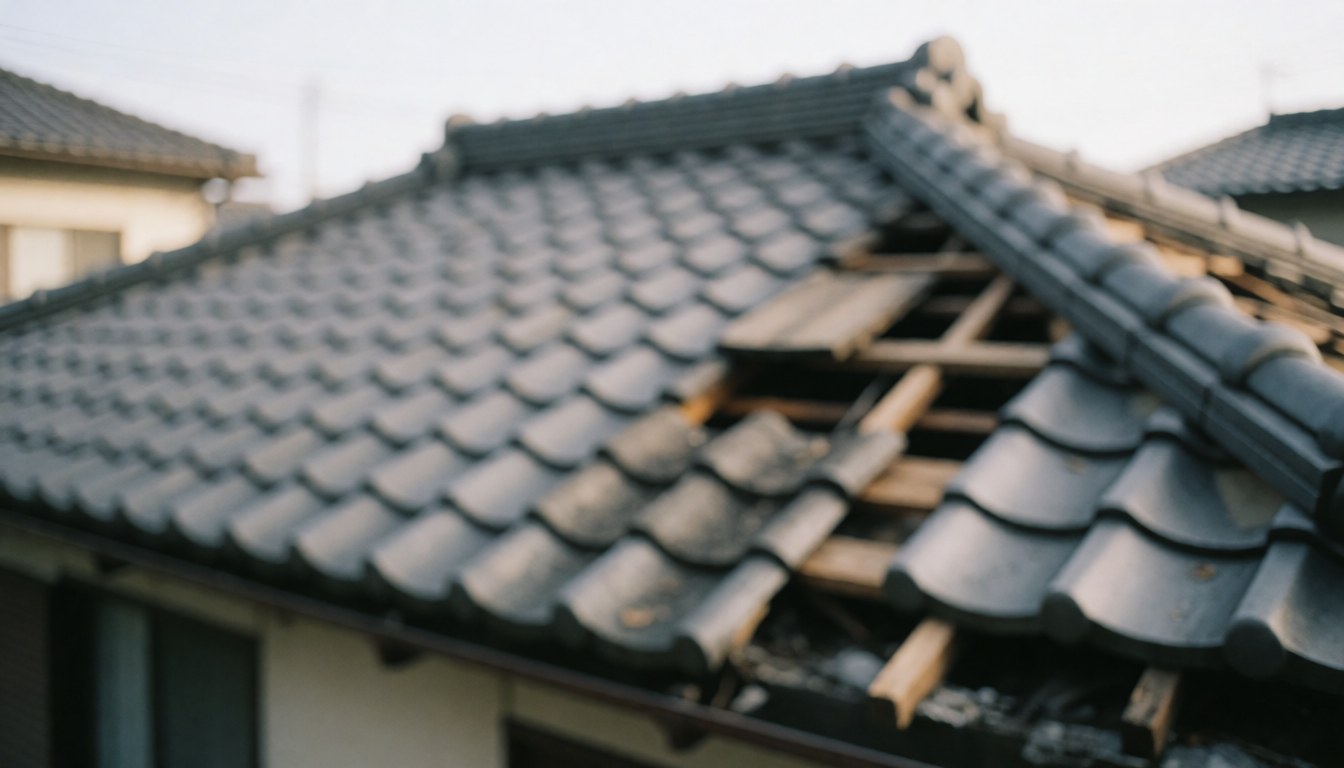Close-up view of a residential roof damaged by a storm showing missing shingles and exposed wooden structure against a blurred background suitable for text overlay