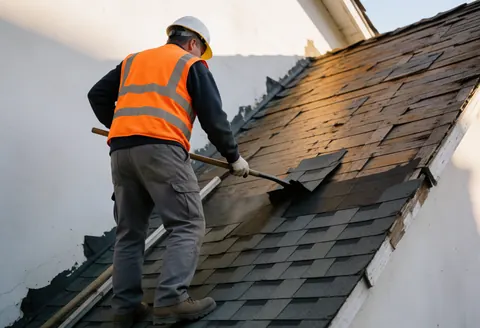 A worker in an orange vest and white helmet lifts old shingles from a sloped roof, revealing the wood underneath in warm light.