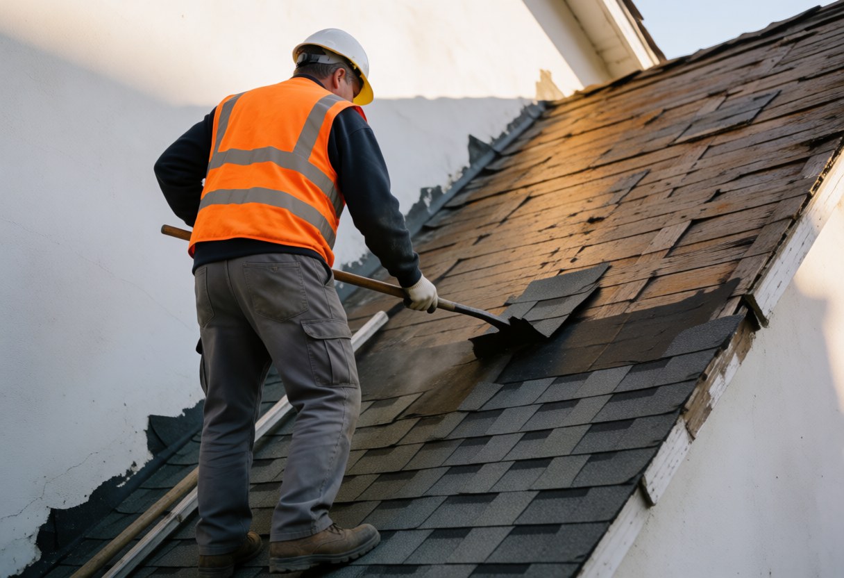 A worker in an orange vest and white helmet lifts old shingles from a sloped roof, revealing the wood underneath in warm light.