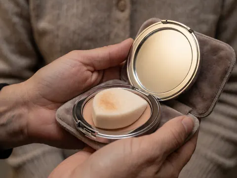 Close-up of a used makeup sponge inside an open compact mirror, held by hands, ideal for professional makeup artists.
