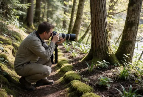 Professional photographer using a telephoto camera in an ecological park, capturing nature with natural light among trees and moss.