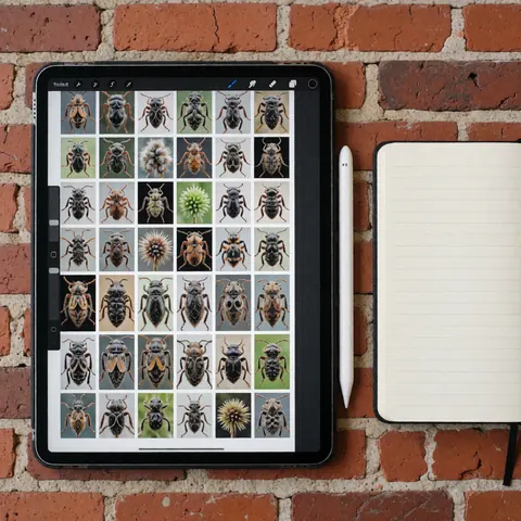 Tablet showing a macro insect and plant gallery, accompanied by a stylus and notebook on a red brick surface