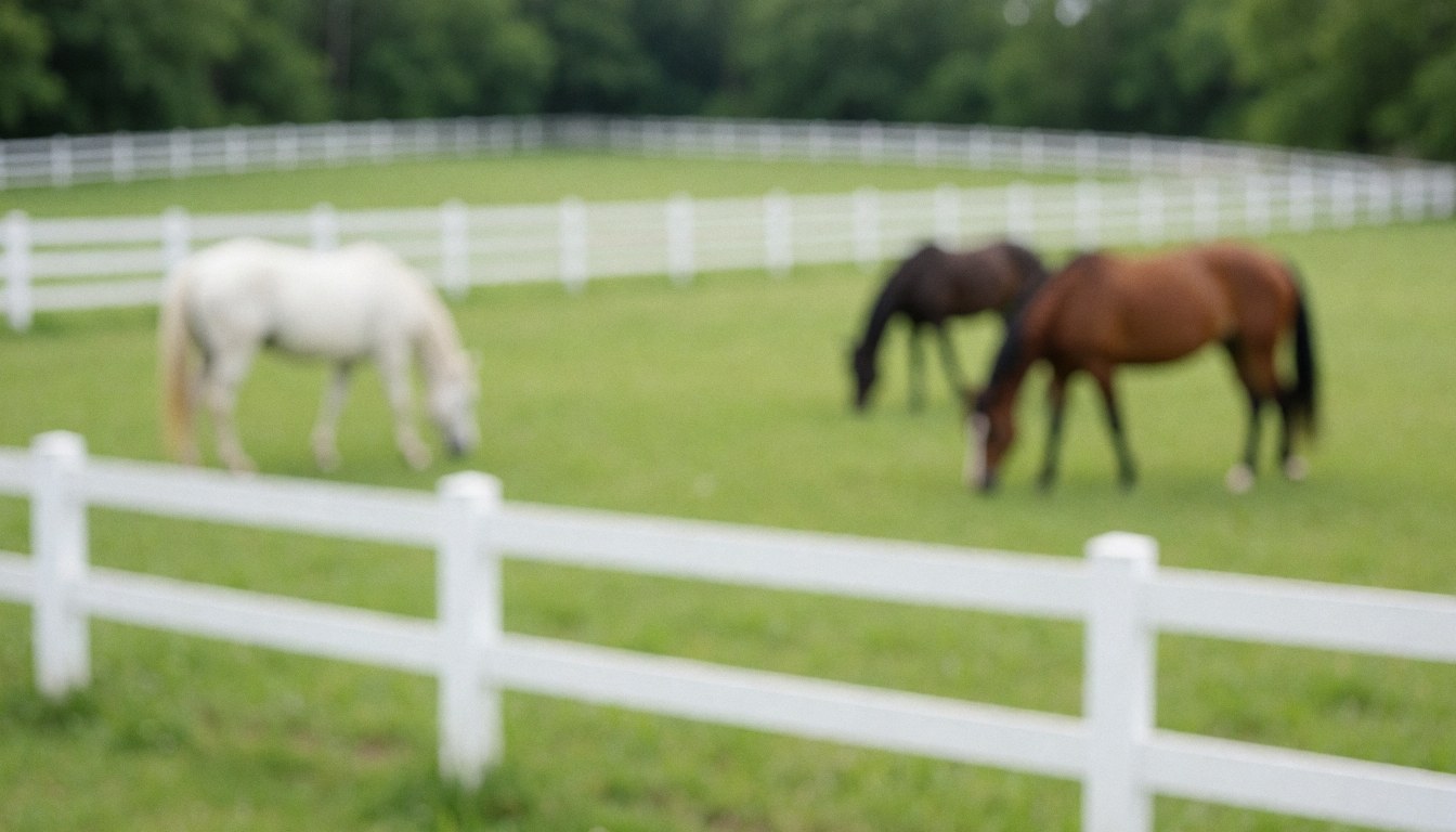 Green grass background with horses grazing and white fences, ideal for text about equestrian services.