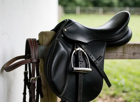 Close-up of a black leather horse saddle and brown bridle resting on a wooden post in a stable, highlighting shiny metal hardware and natural lighting.