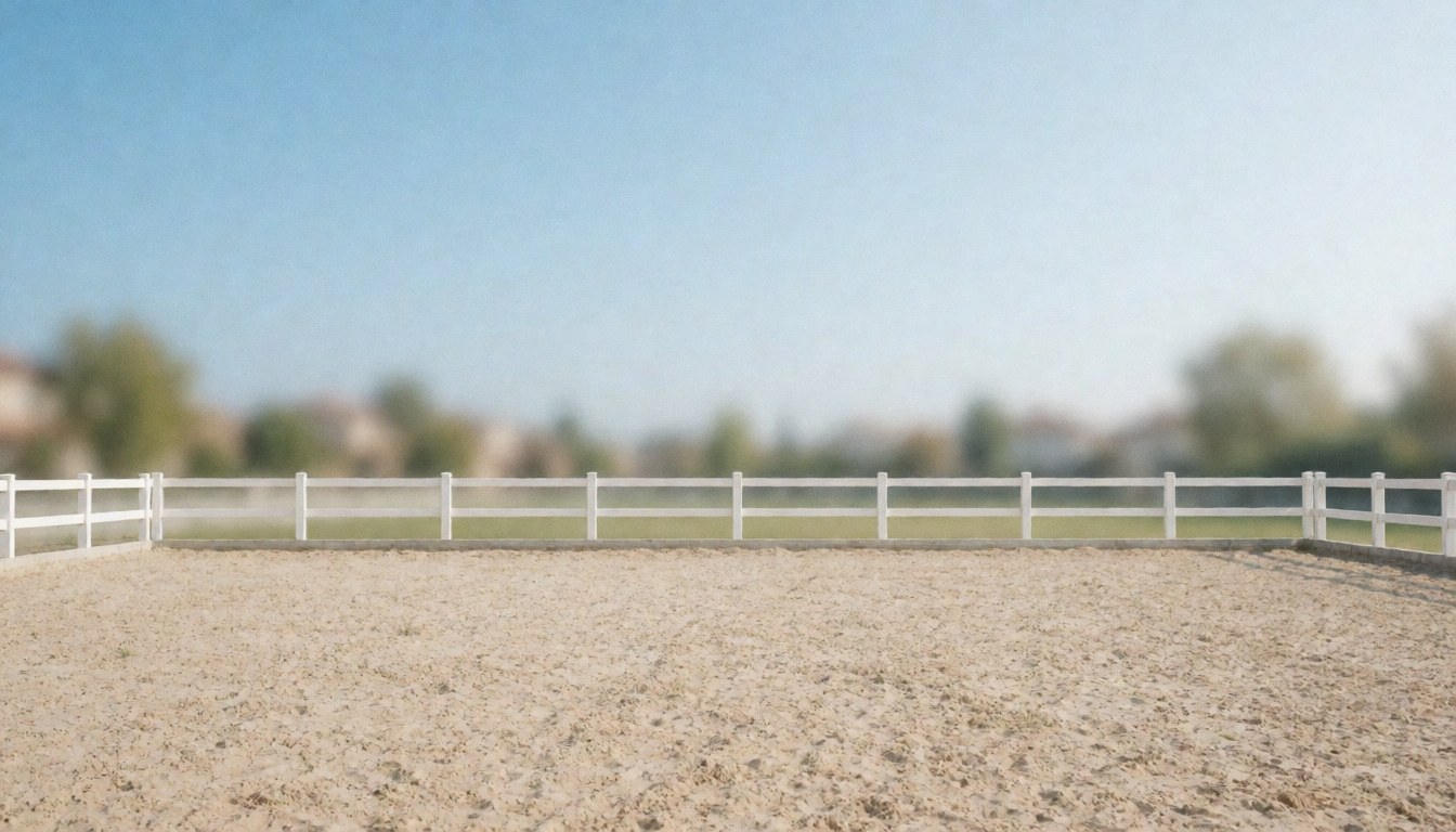 Empty sandy arena with a white fence, providing a serene and professional background for equestrian business text overlays.