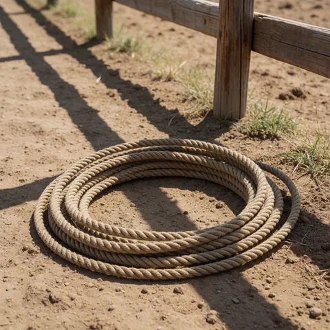 Close-up of a hemp rope lasso lying on sandy ground near a wooden fence under bright sunlight in a rural setting