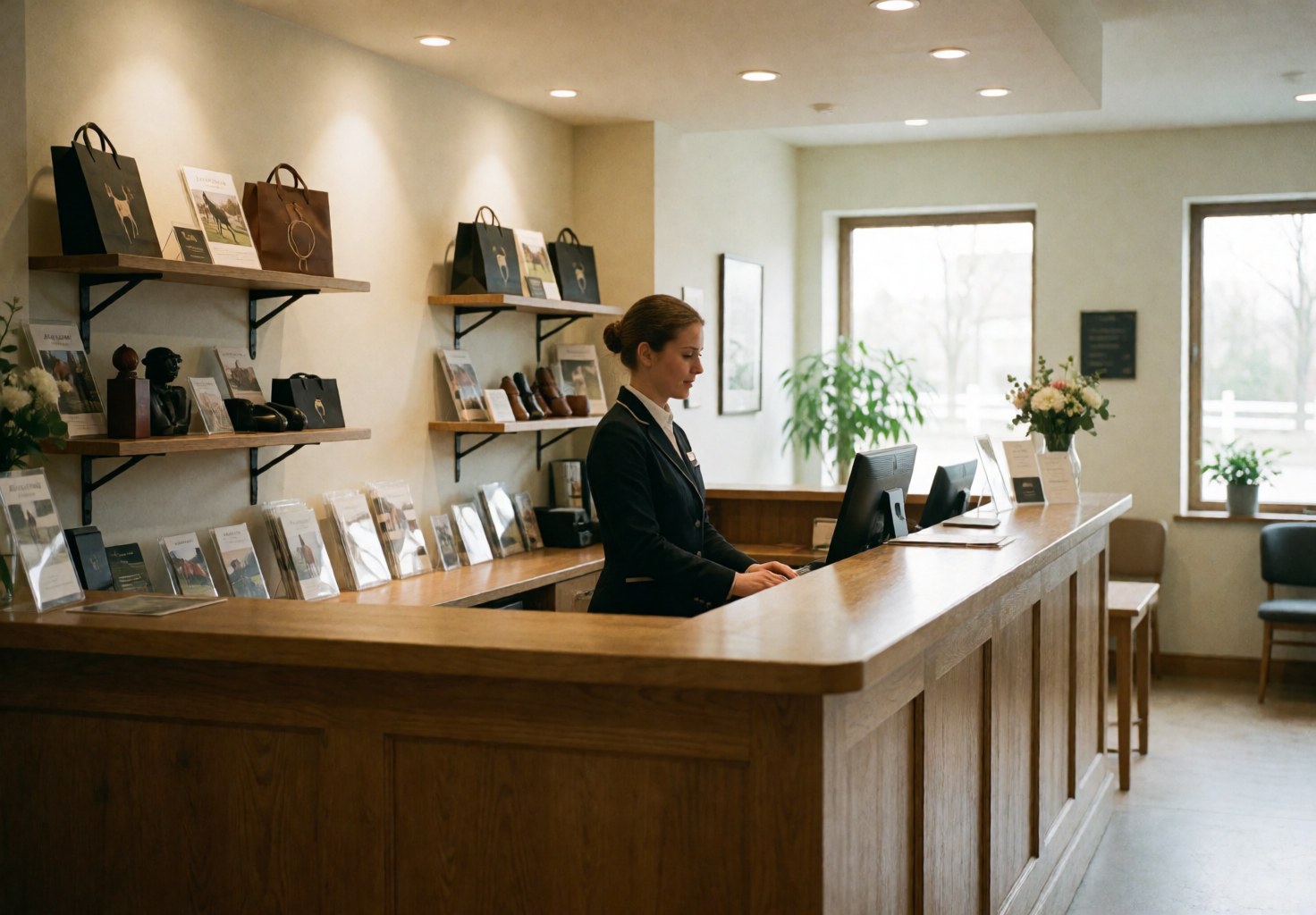 Attentive receptionist behind wooden counter with computer, gift shelves, brochures, and natural light from windows