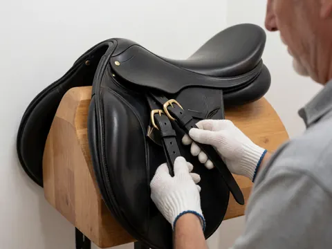Close-up of a gloved hand tightening a black leather girth on a saddle resting on a wooden block against a white wall