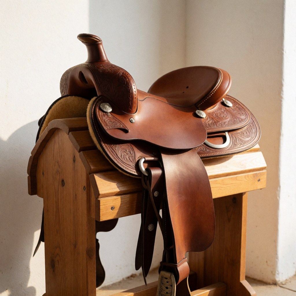 Brown leather western saddle with carved details and conchos resting on a wooden stand in a stable with white walls and natural light