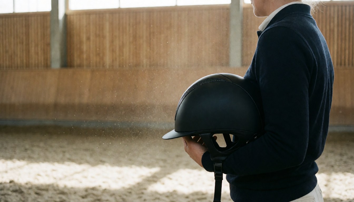 Equestrian professional holding a black riding helmet in a spacious sandy arena with wooden walls and dust particles