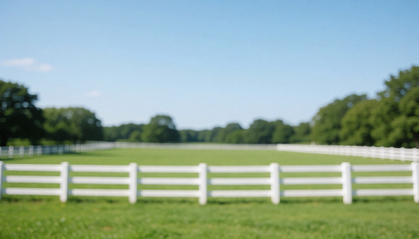Green grass with white fences and blue sky, ideal for text about rural tranquility and animal welfare