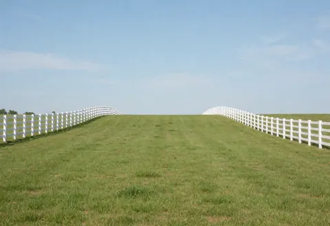 Bright green grass with curved white fences extending toward the horizon under a clear blue sky, suitable for an equestrian center.