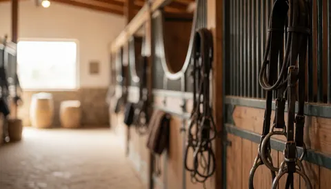 Warmly lit stable interior featuring hanging leather stirrups and metal hardware, creating a cozy rustic atmosphere for equestrian services.