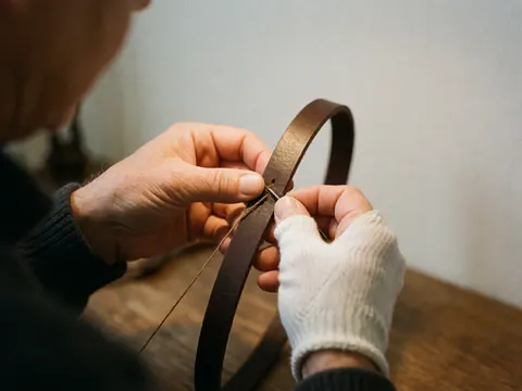 Close-up of a hand wearing a white glove stitching brown leather with a needle on a wooden surface against a white wall with warm lighting