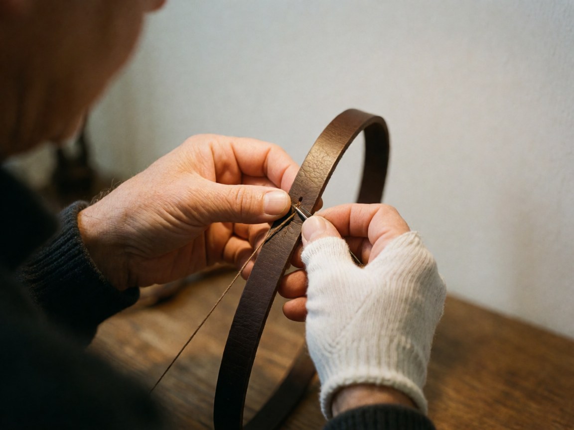 Close-up of a hand wearing a white glove stitching brown leather with a needle on a wooden surface against a white wall with warm lighting