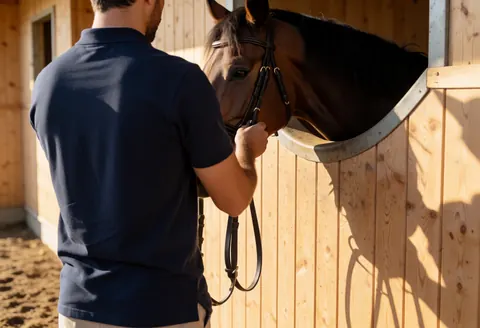 A groom adjusts a horse's bridle inside a wooden stable with sunlight streaming in, depicting professional equestrian center service.