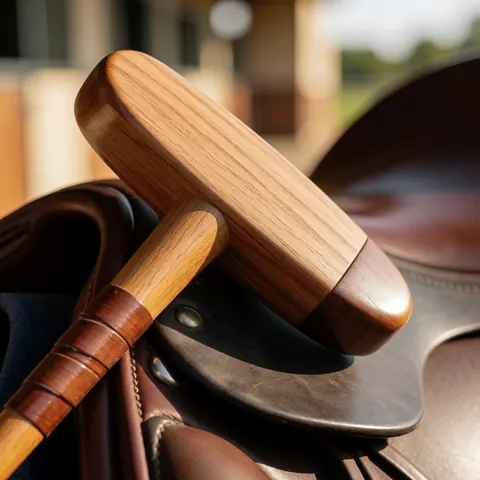 Polished wooden polo mallet resting on a leather saddle with warm sunset lighting and blurred stable background