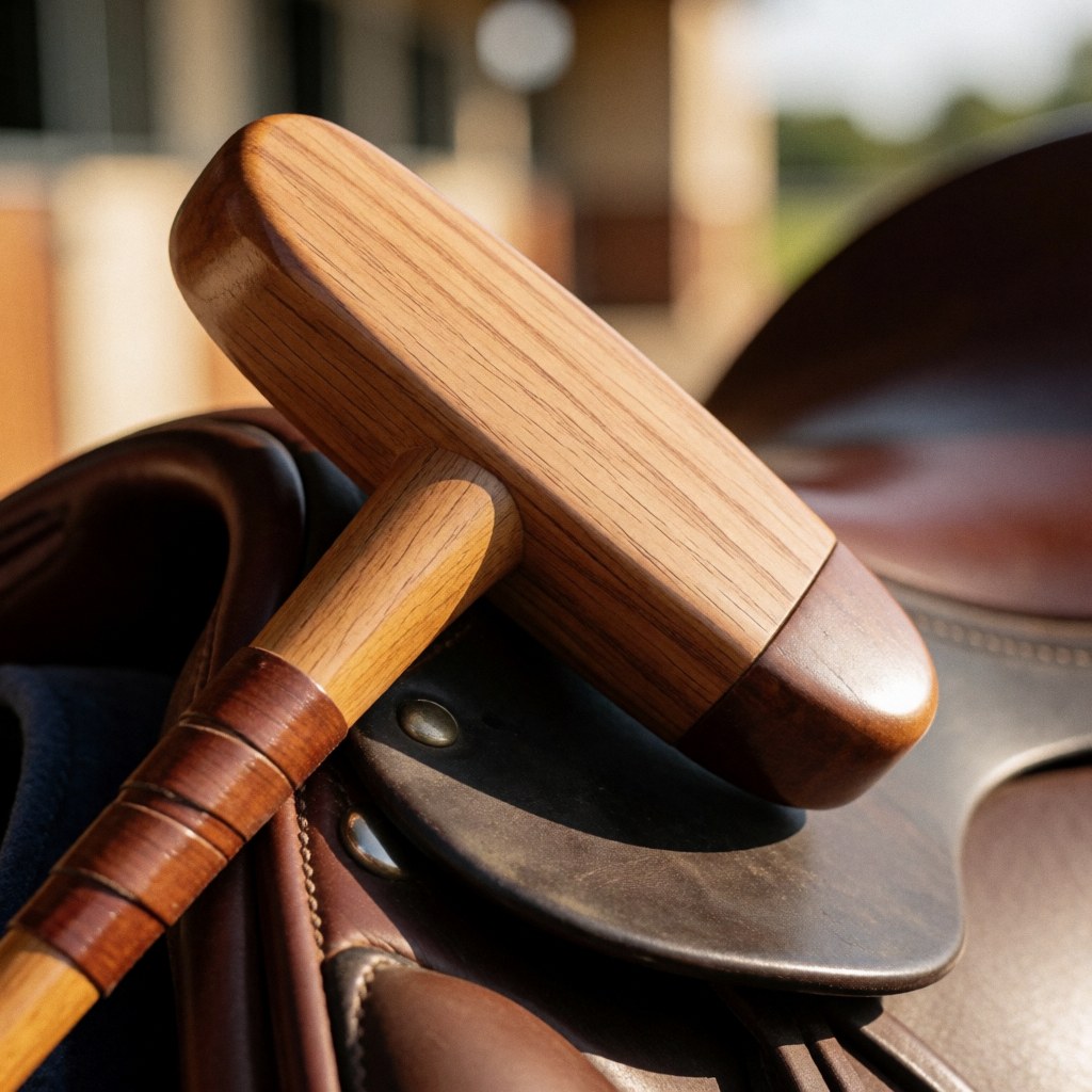 Polished wooden polo mallet resting on a leather saddle with warm sunset lighting and blurred stable background