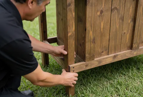 A worker adjusts the legs of a wooden bar table on a grassy lawn, with visible wood grain and tools nearby.