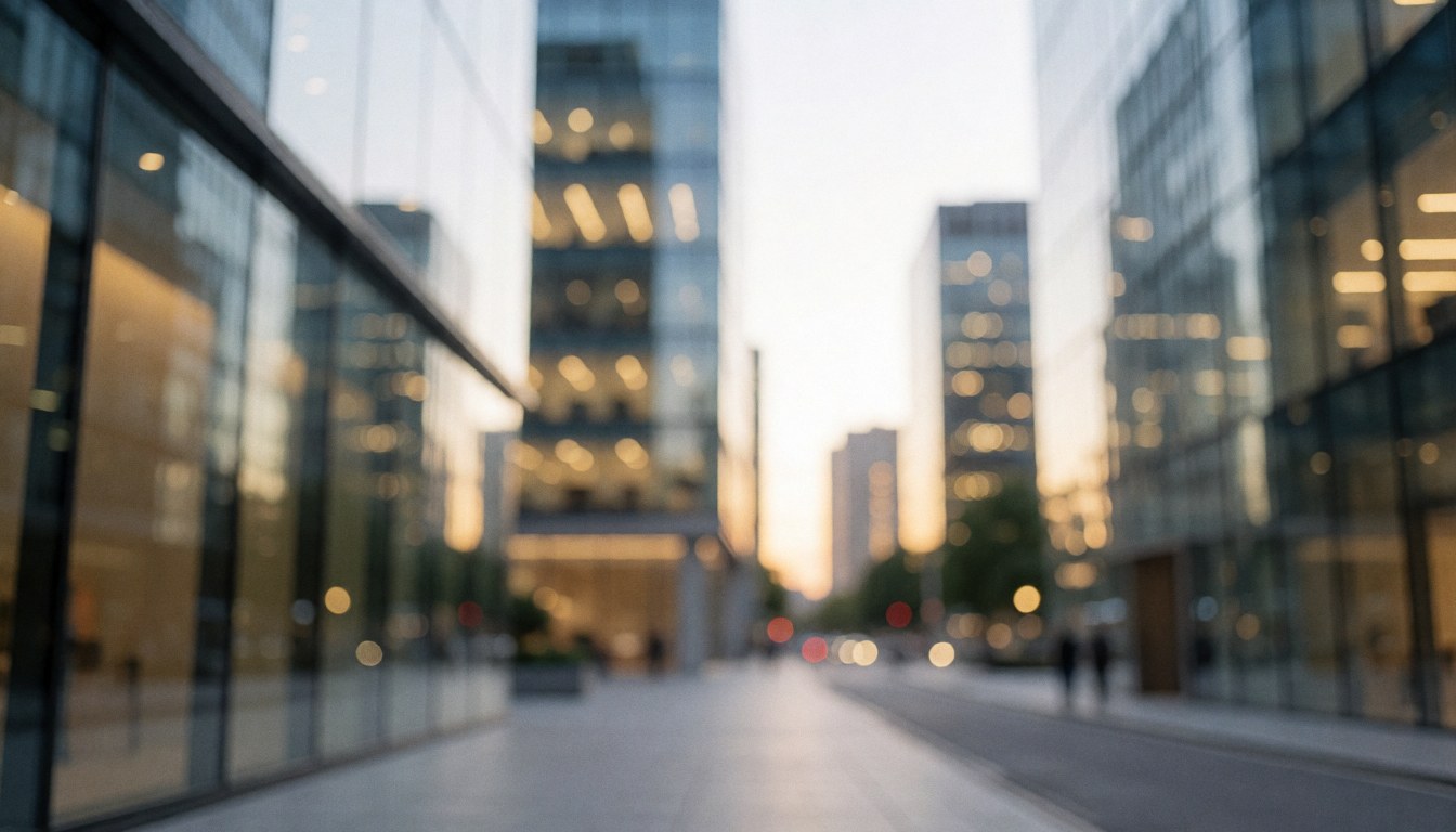 Urban background featuring modern glass buildings and warm bokeh lights without people, ideal for commercial text overlays