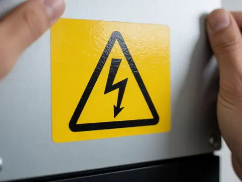 Close-up of hands placing a yellow electrical hazard warning sticker on a solar inverter with a blurred background.