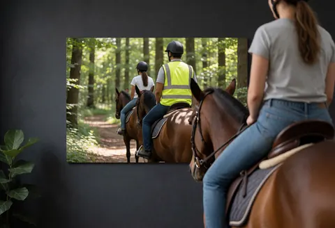 An equestrian instructor in a yellow vest guides a student along a wooded path. Both are riding horses with sunlight filtering through the trees.