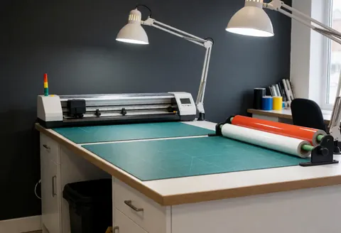 Work table with vinyl cutter, colorful vinyl rolls, cut vinyl pieces, gray carbon wall, professional lighting for textile design.